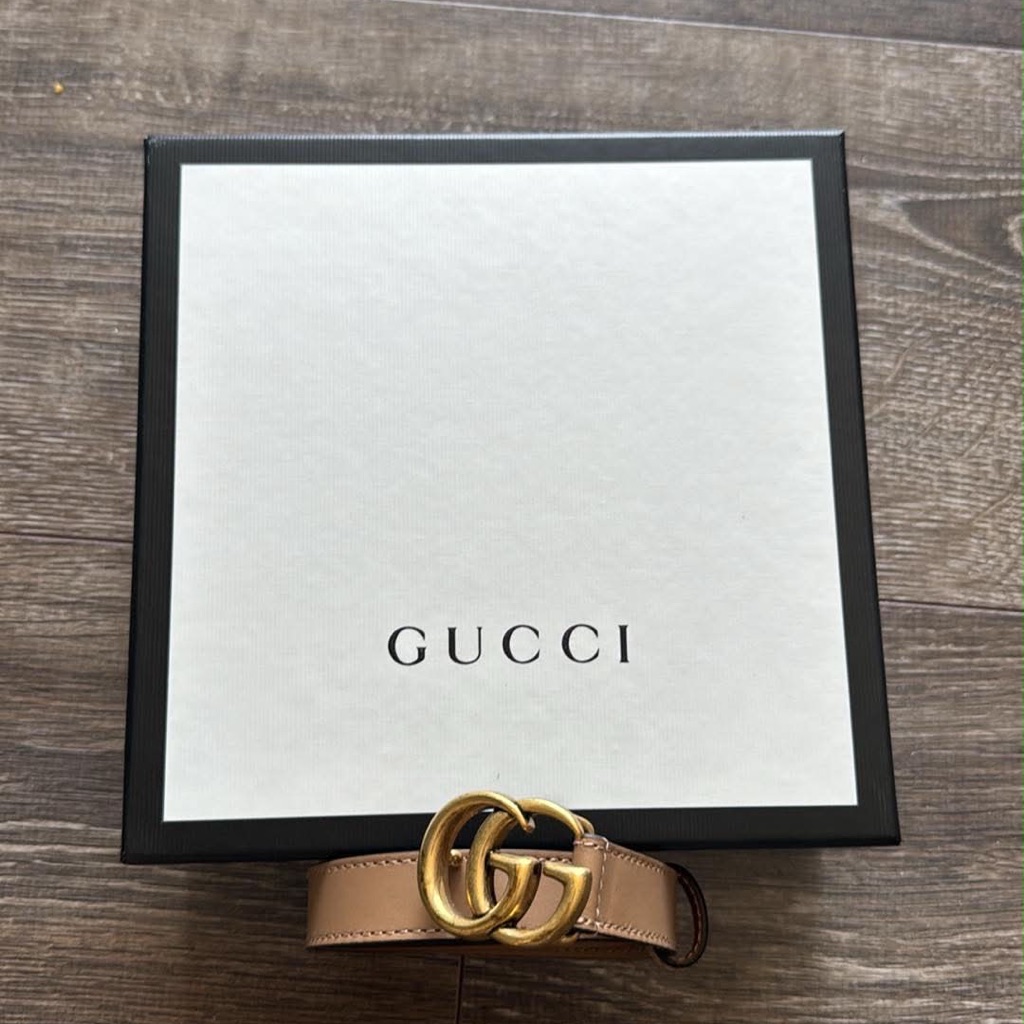 Gucci Tan Leather Belt With Gold Logo Embossing